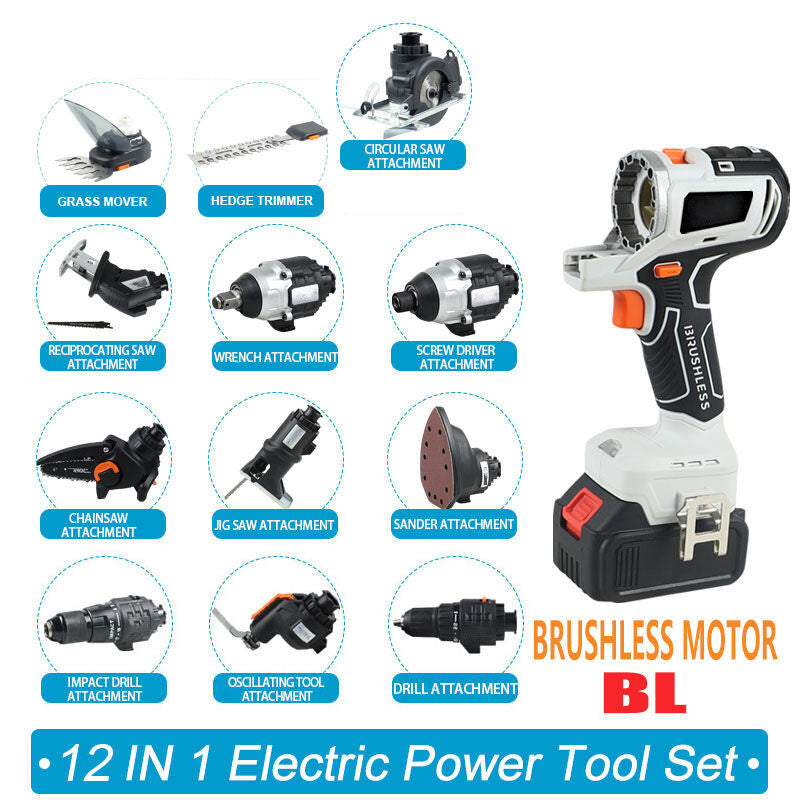 ??Factory Outsale? 12 in 1 Multi-function Drill with Impact drill Reciprocating saw Jig saw Oscillating tool Chainsaw Screwdriver Attachment