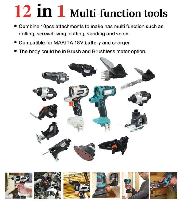 ??Factory Outsale? 12 in 1 Multi-function Drill with Impact drill Reciprocating saw Jig saw Oscillating tool Chainsaw Screwdriver Attachment